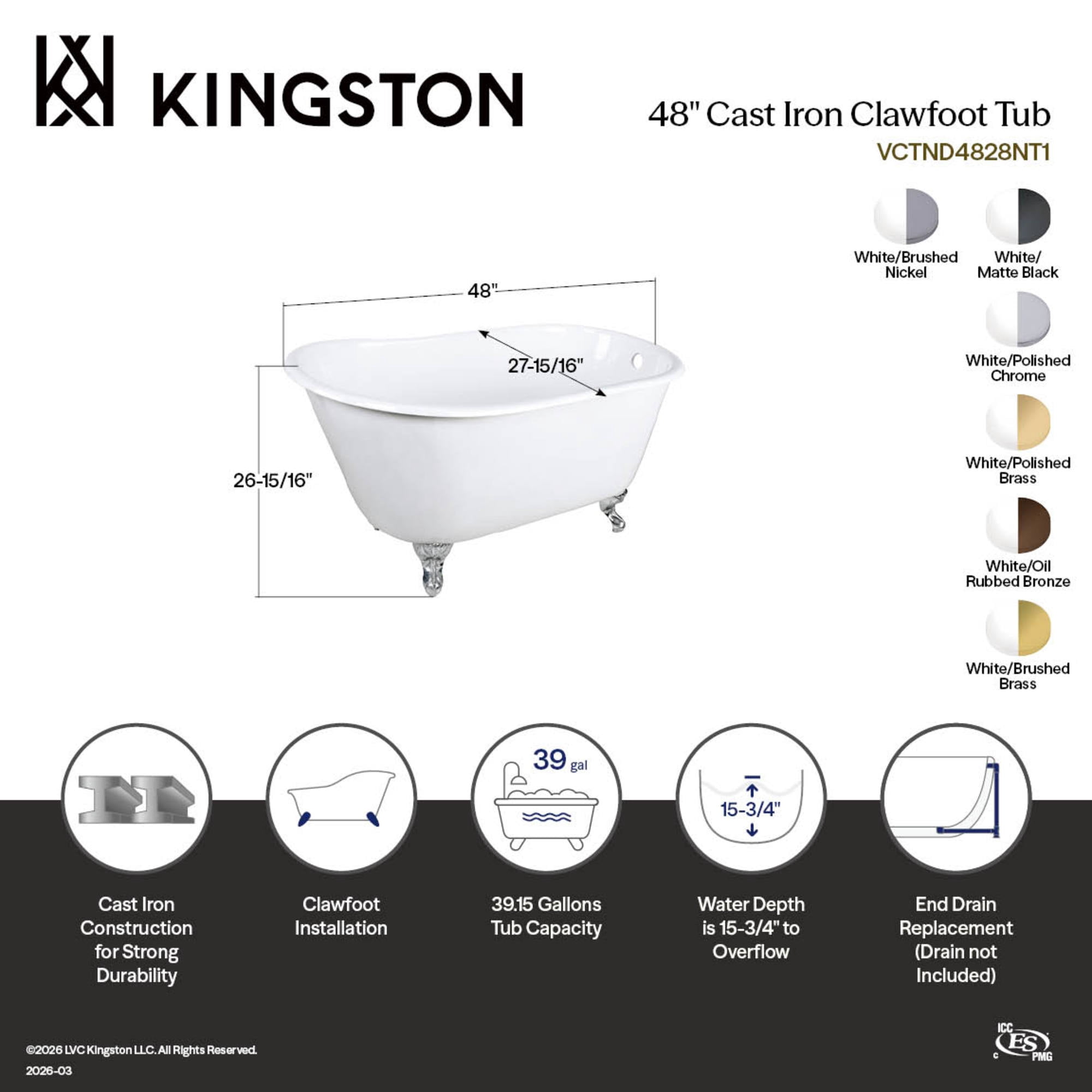 Aqua Eden VCTND4828NT2 48-Inch Cast Iron Oval Single Slipper Clawfoot Tub (No Faucet Drillings) in White/Polished Brass