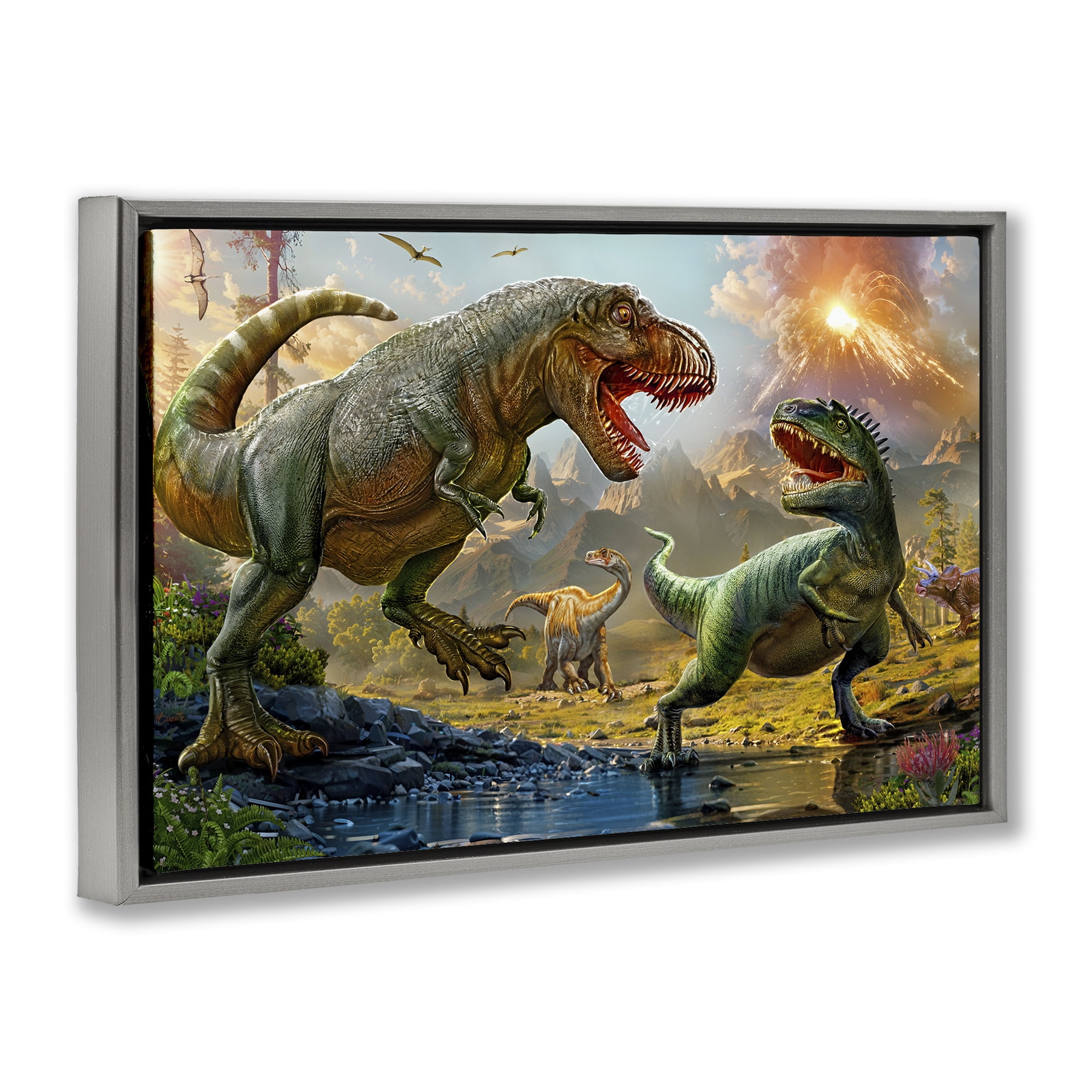 Stupell Industries T-Rex Encounter at Riverbank Gray Framed Floater Canvas Wall Art, design by Henriette Chinaglia