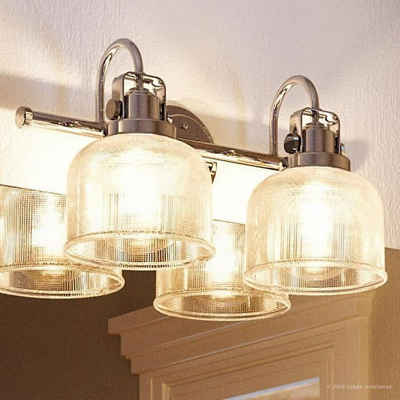 Urban Ambiance Luxury Farmhouse Bath Fixture, Size: 8-3/4"H x 17"W, with Vintage Electric Style Elements, Polished Chrome Finish and Clear Double Prismatic Shade, UHP2040