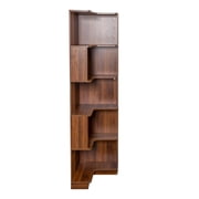 5 Tier Corner Bookshelf with LED Lights, L-Shaped Corner Shelf Stand, Space Saving Bookcase with Baffle, Freestanding Display Storage Rack for Living Room, Bedroom, Home Office, Walnut
