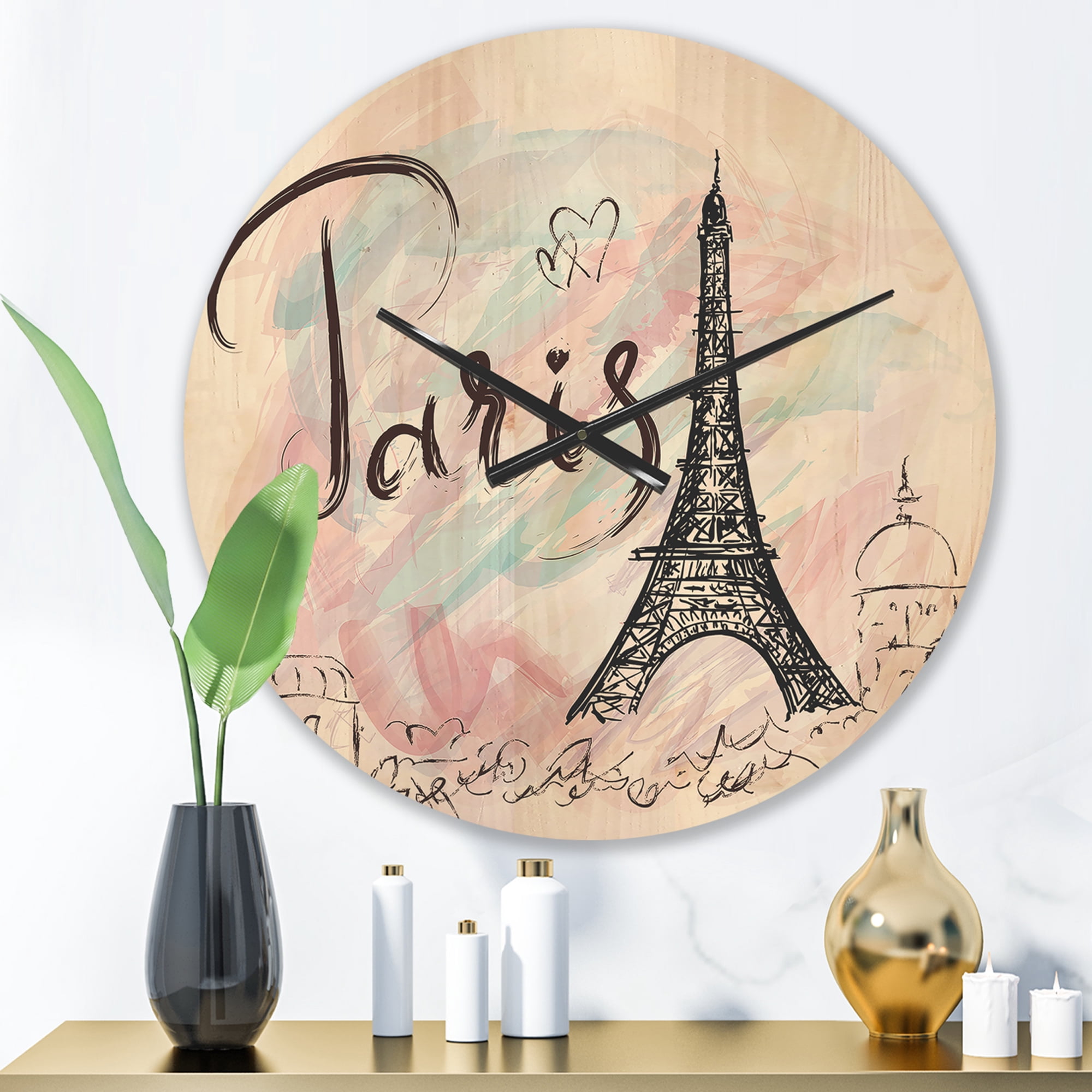 Designart 'Paris Eiffel Tower With Illustration II' Modern Wood Wall Clock