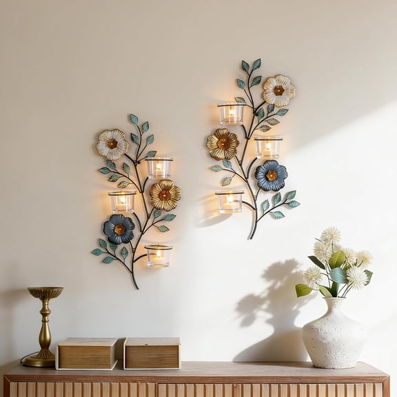 Candle Sconces Wall Decor: Wall Candle Holder with 6 Glass Cups for Tealight - Colorful Metal Flower and Leaf Sconces for Living Room Bedroom$$Home Decor, Kitchen, & Other