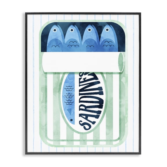 Seafoam Sardine Tin over Stripes Black Framed Giclee Art, design by Daphne Polselli