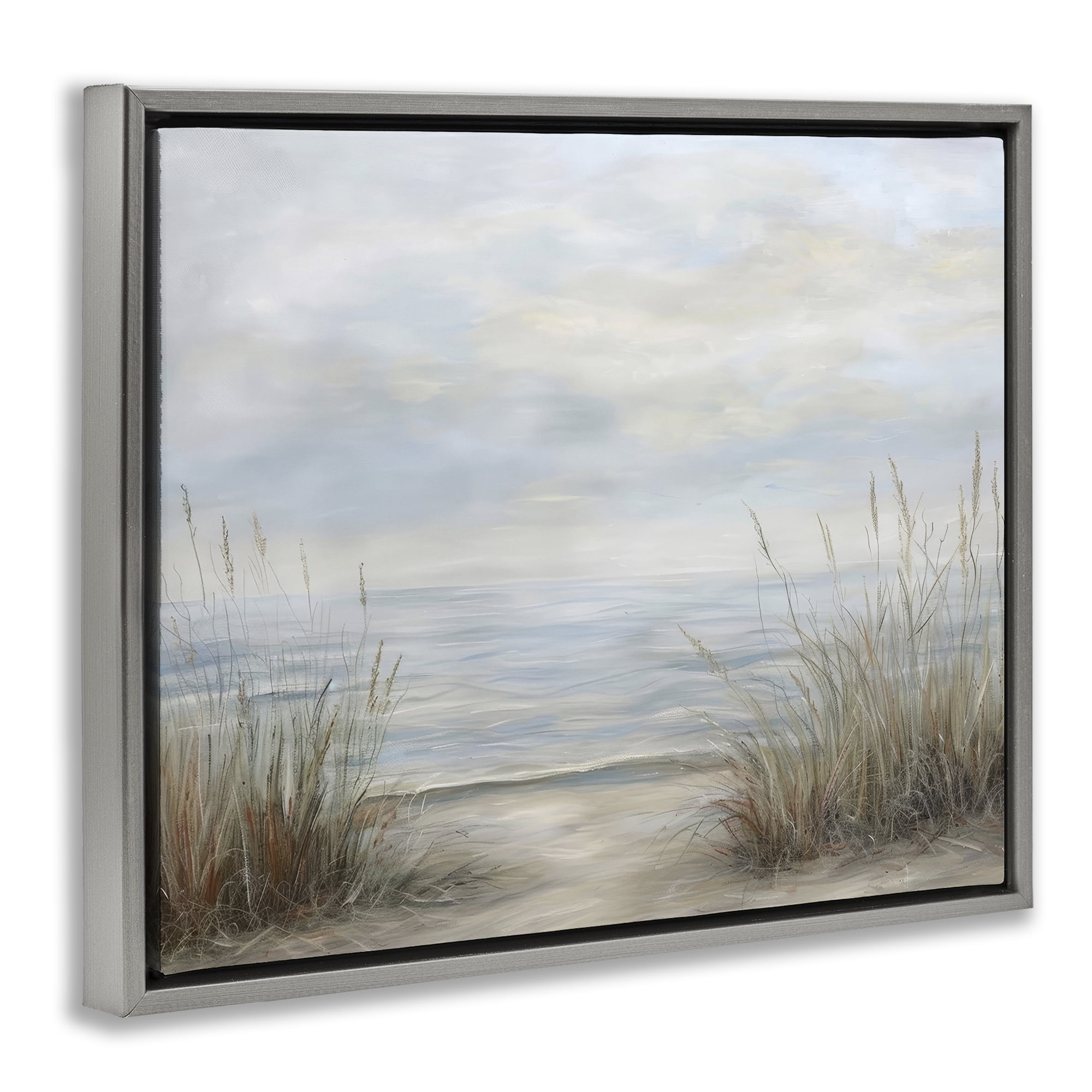 Stupell Industries Silent Beach with Seaside Dunes Gray Framed Floater Canvas Wall Art, design by Petal Prints Design
