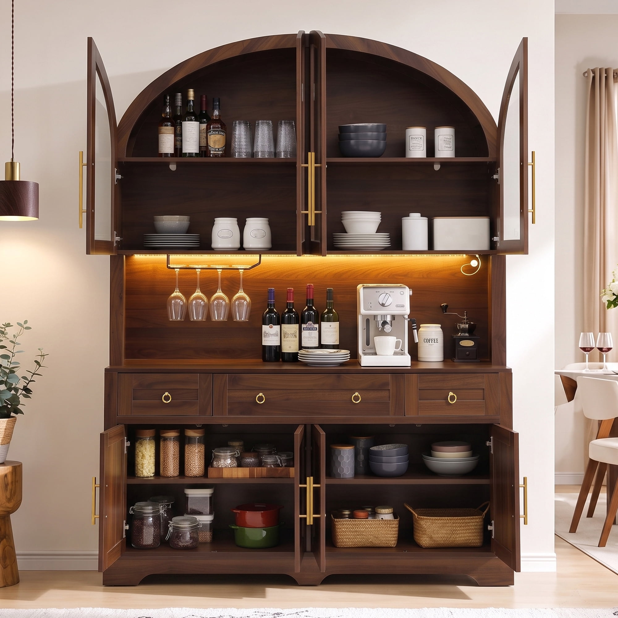 Aukfa 75.6" Large Tall Kitchen Pantry Cabinet with Hutch, Arched Glass Doors, Built-In Charging Station & Smart LED Light,Walnut