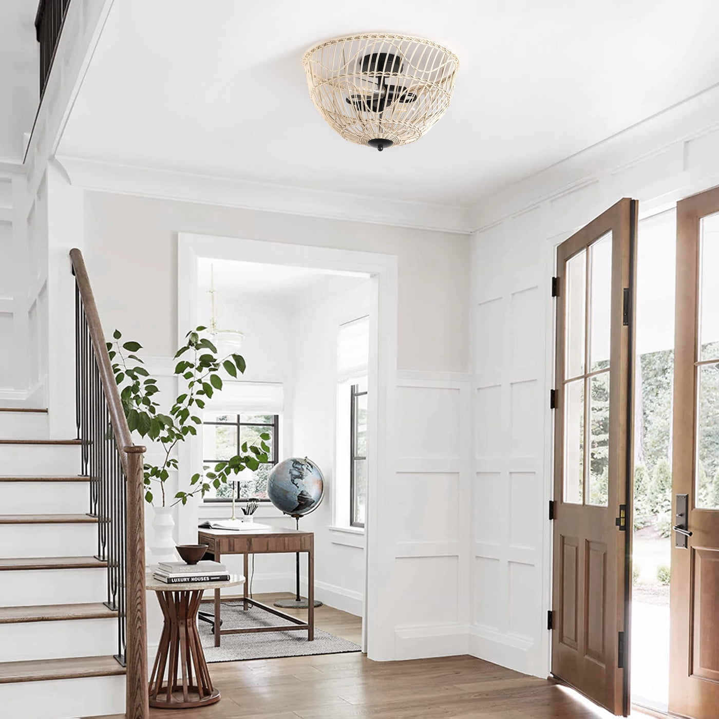 2-Light Boho Semi Flush Mount Ceiling Lighting, Retro Rattan Ceiling Lighting, Farmhouse Close to Ceiling Light for Living Room Bedroom kitchen