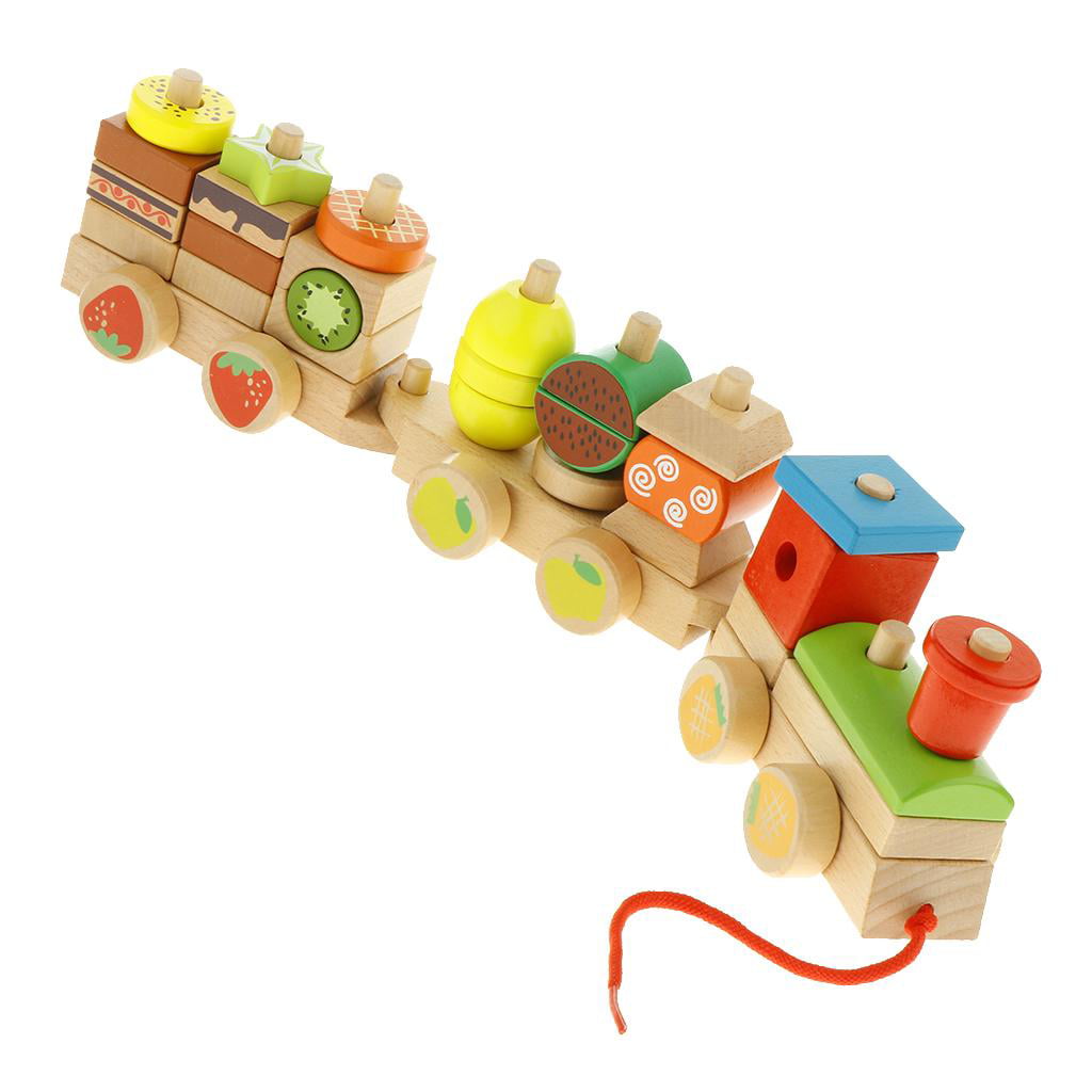 GYBBER&MUMU Wooden Block Train Toys Pull Train Toy Building Blocks Stacking Games Color/ Shape/ Fruits Recognition Learning Education for Kids 19pcs-14.2in 