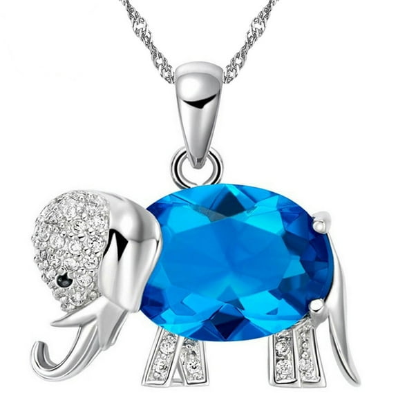 Uloveido Fashion Oval Cut Big Blue Cubic Zirconia Lucky Elephant Pendant Necklace Animal Jewellery for Women and (Blue) N1154