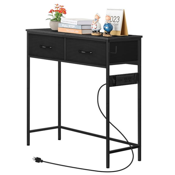 Narrow console table with drawers Black console table with storage shelf Sofa table with socket