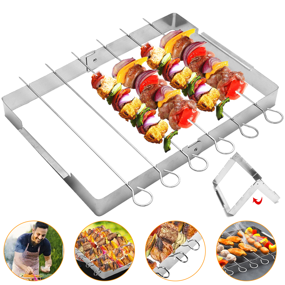 Barbecue Skewer Shish Kabob Set，Foldable Stainless Steel Grill Rack Set with 6 pcs Skewers for Party and Home - image 2 of 8
