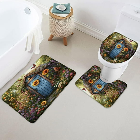 Outhouse Bath Mat Set 3 Piece Farmhouse Floral Sunflowers Wildflowers Butterflies Rustic Cottage Spring Summer Country Nature Garden Bathroom Rug Contour Mat Toilet Seat Cover Home Decor 16X24Inch