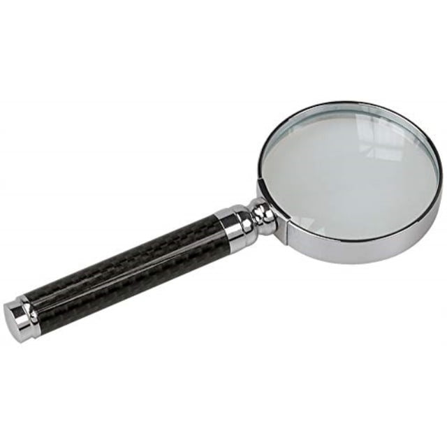 silver magnifying glass with carbon fiber finish handle
