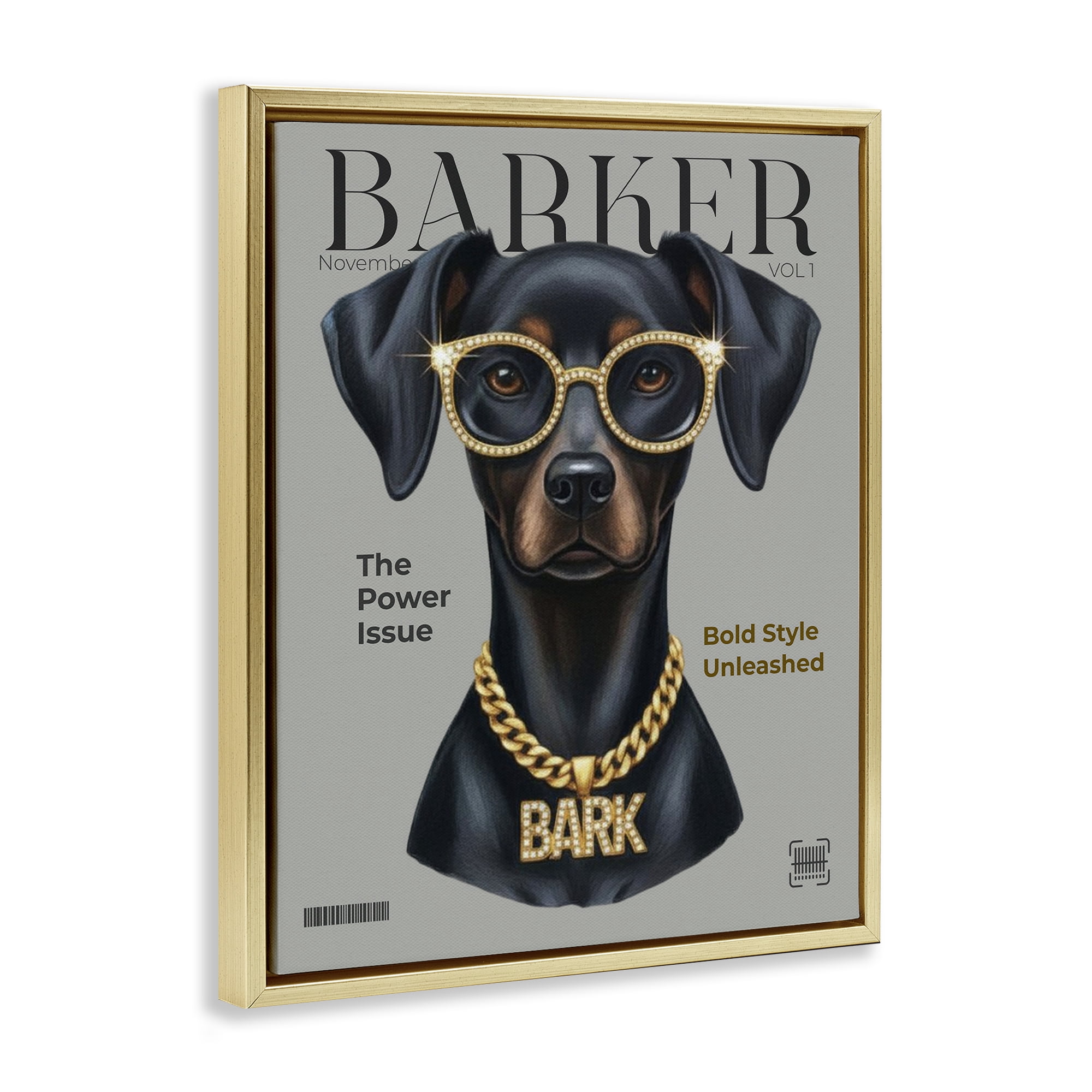 Stupell Industries Barker Dog Fashion Magazine Gold Framed Floater Canvas Wall Art, design by A Barefoot Stylist