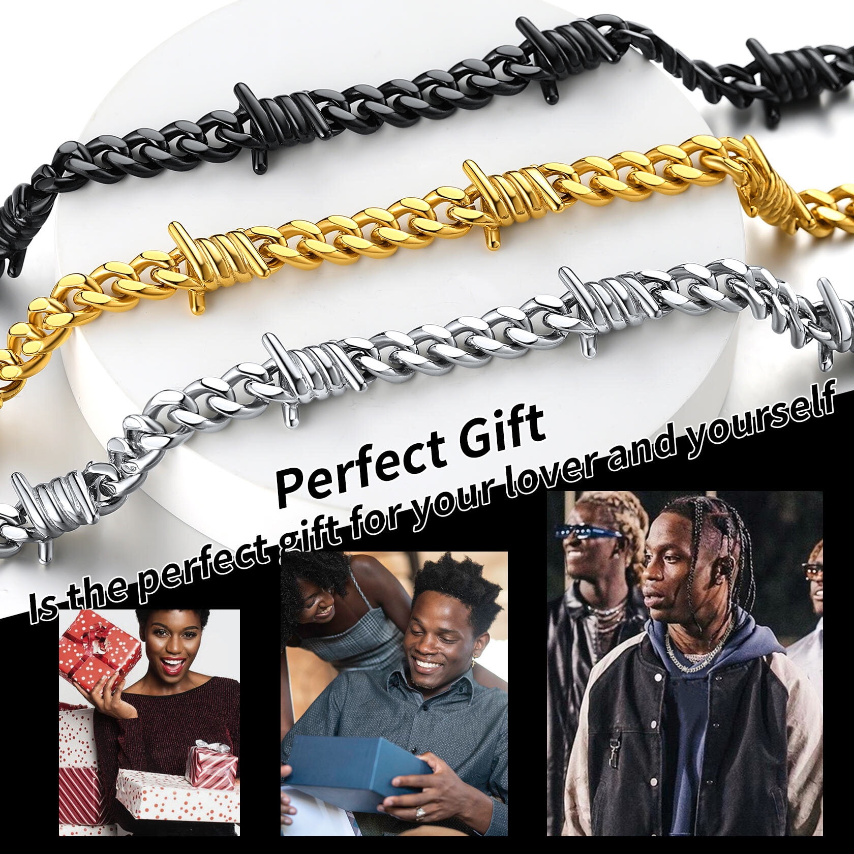 ChainsHouse Black Barbed Wire Necklaces for Men Women Punk Thorns Chain Necklace 9mm Width Chunky Chains Jewelry Gift, 16 inch