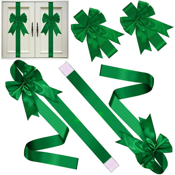6 Pcs Large Green Christmas Cabinet Bows,Christmas Green Ribbon Easy to Install on Cabinet Door, Christmas Wreath Tree Bow Festival Wrapping Decorations for Home Fireplace Door Holiday Party Supplies