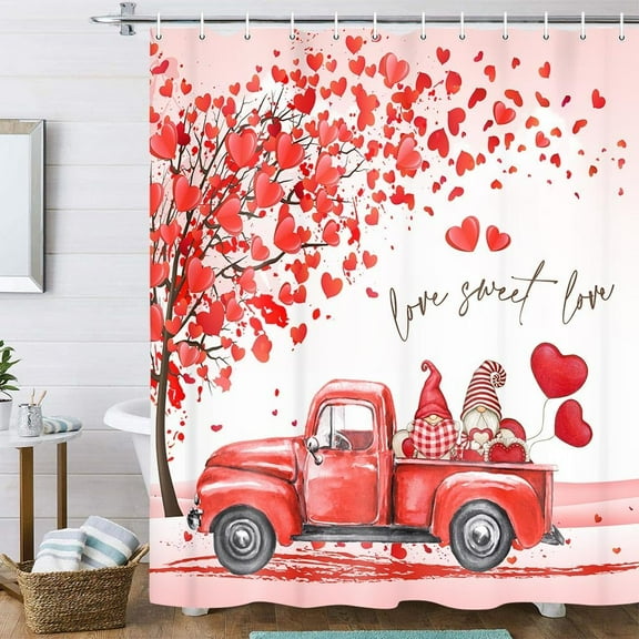 Valentines Day Shower Curtain, Romantic Gnomes Love Red Hearts Tree Fabric Shower Curtains with Hooks Set, Red Truck Valentine Bath Curtains Home Decorations 36x72 Inches