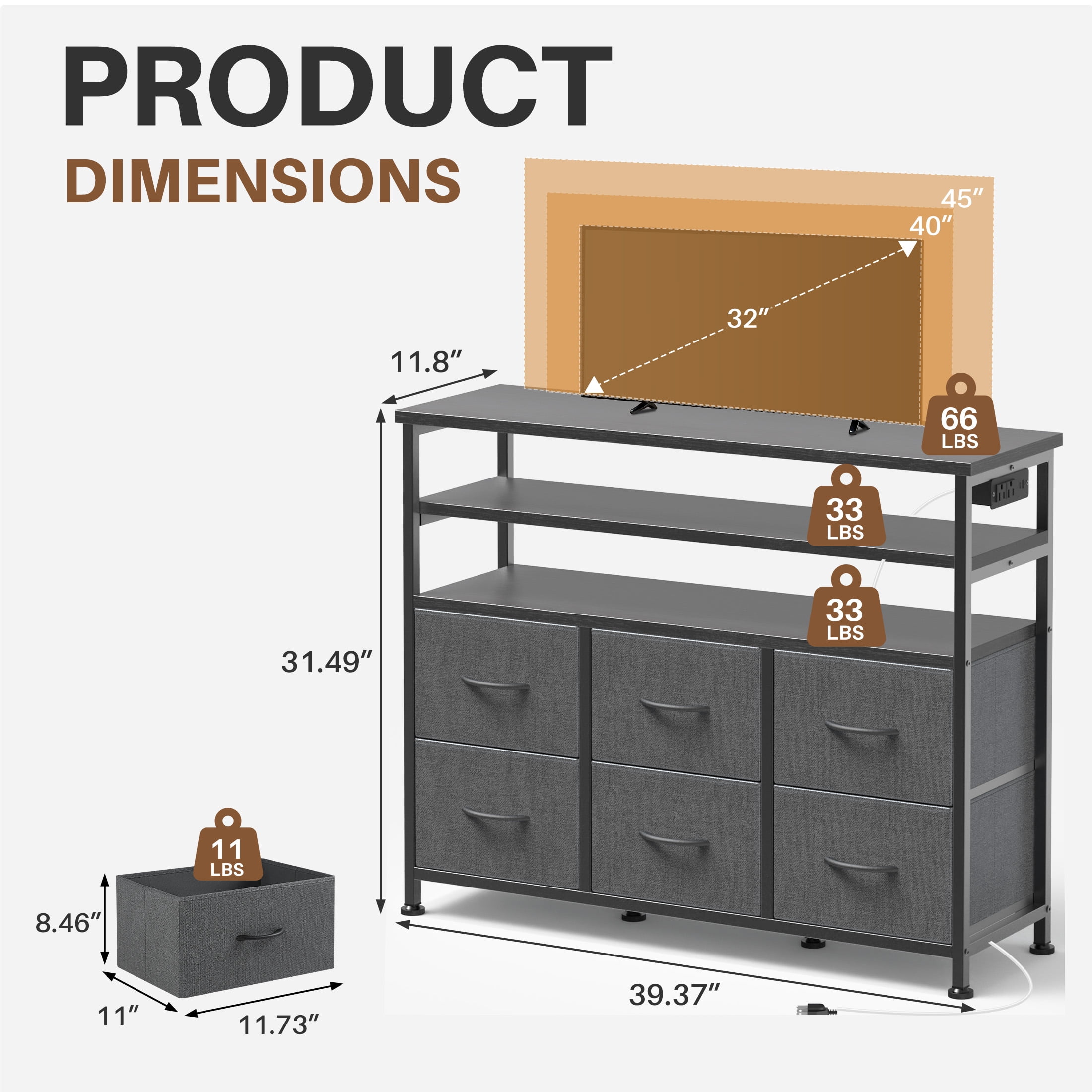 EDX 6-Drawer Fabric Dresser with Power Outlets and LED Light, TV stand for Bedroom, Living Room, Hallway, Gray