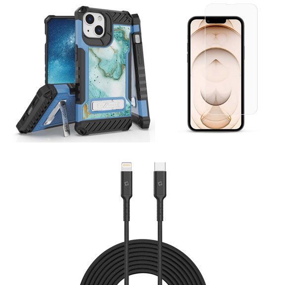 Bemz iPhone 13 Mini Bundle: Tri Shield Military Grade Armor Rugged Case (Aqua Mint Marble), Premium Glass Screen Protectors (2-Pack), USB-C to Lightning Cable (3.3ft/1m)