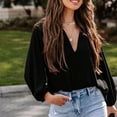 thumbnail image 4 of Blouse à Manches Longues pour Femmes Col en V Profond Resserré Poignets Couleur Unie Coupe Ample Pull Décontracté Noir m, 4 of 6