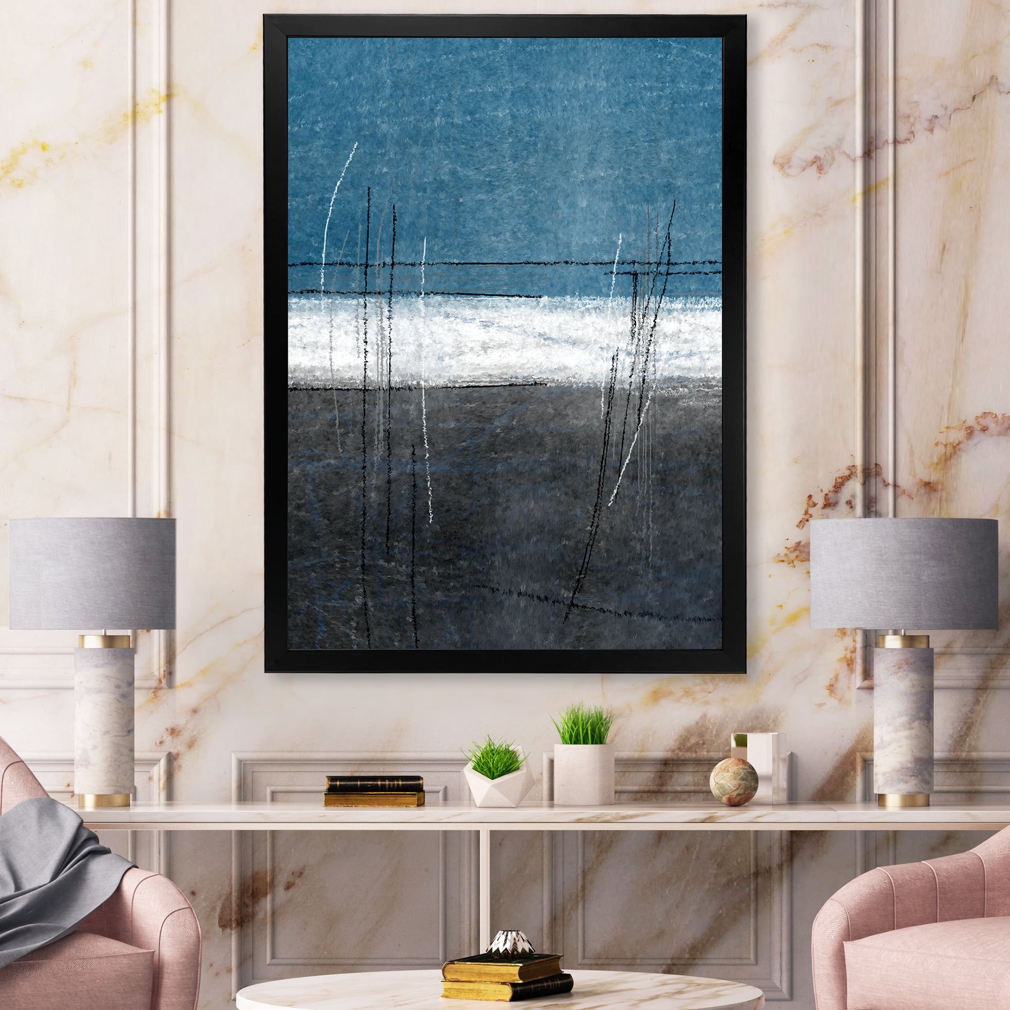 Designart 'Grey Meet Teal Abstract Art' Modern Framed Art Print