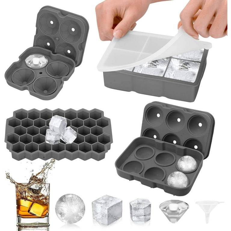 Ice Cube Tray,Silicone Ice Cube Molds for Freezer with Lid (Set of 4) -  Sphere Ice Ball, Large Square, Diamond Cut & Hexagonal Shapes Ice Maker for