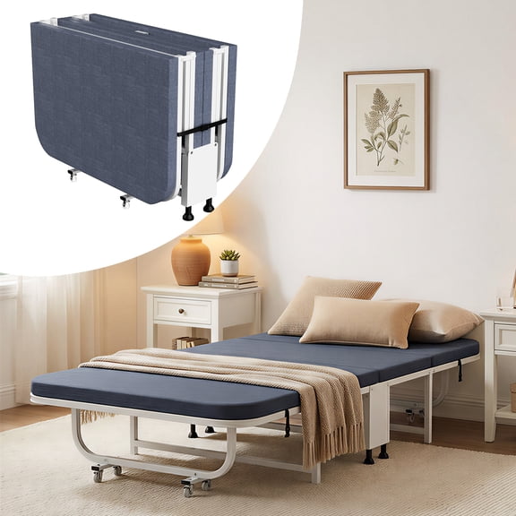 BALUS 75"L×24"W Folding Bed with Mattress, Foldable Roll Away Bed for Adult, Portable Guest Bed - White