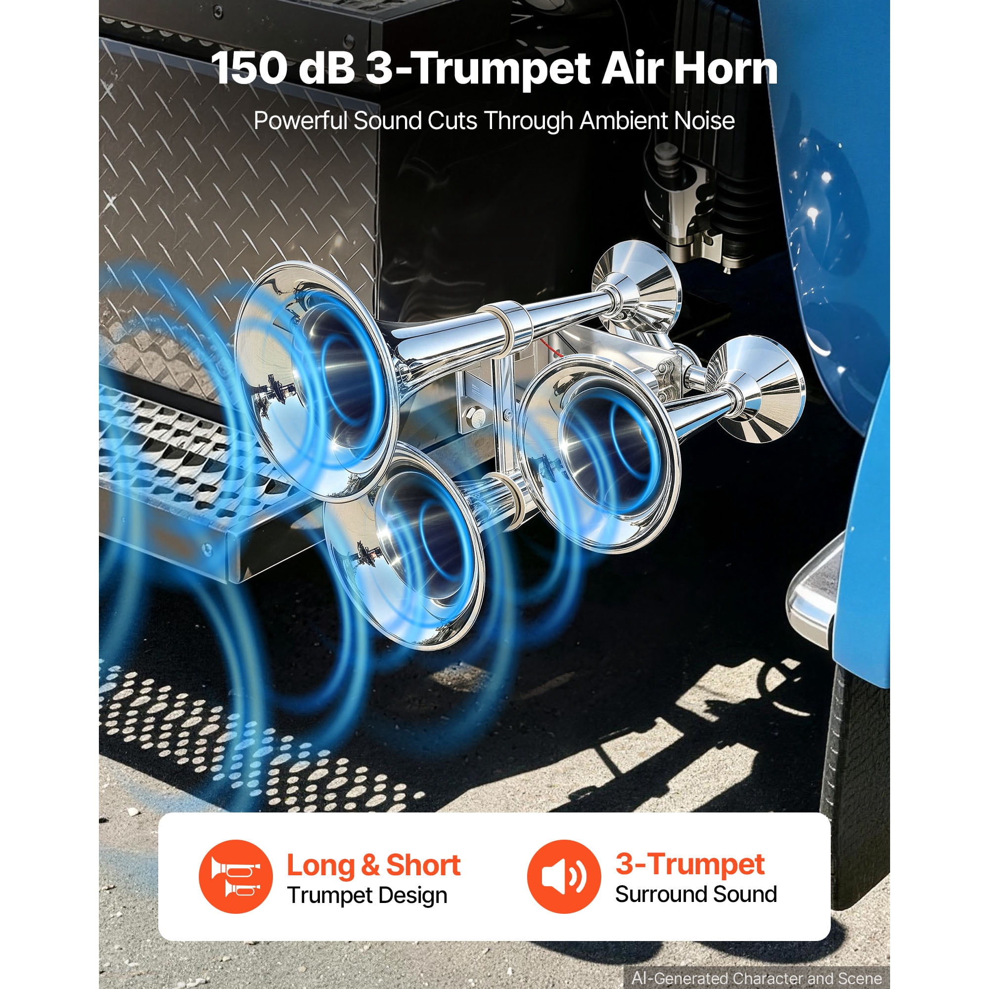KFFKFF 3-Trumpet Air Horn 150dB Loud Train Horn for Trucks and SUVs, Compatible with 12V/24V Vehicles & Boats, Robust Sound, Excellent Penetration,Integrated Solenoid Valve,Durable Metal Construction
