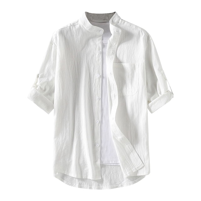Camisa de manga corta de algodón y lino para hombre: prenda informal con botones, tejido ligero, color liso, ropa de playa para verano, tallas M-B