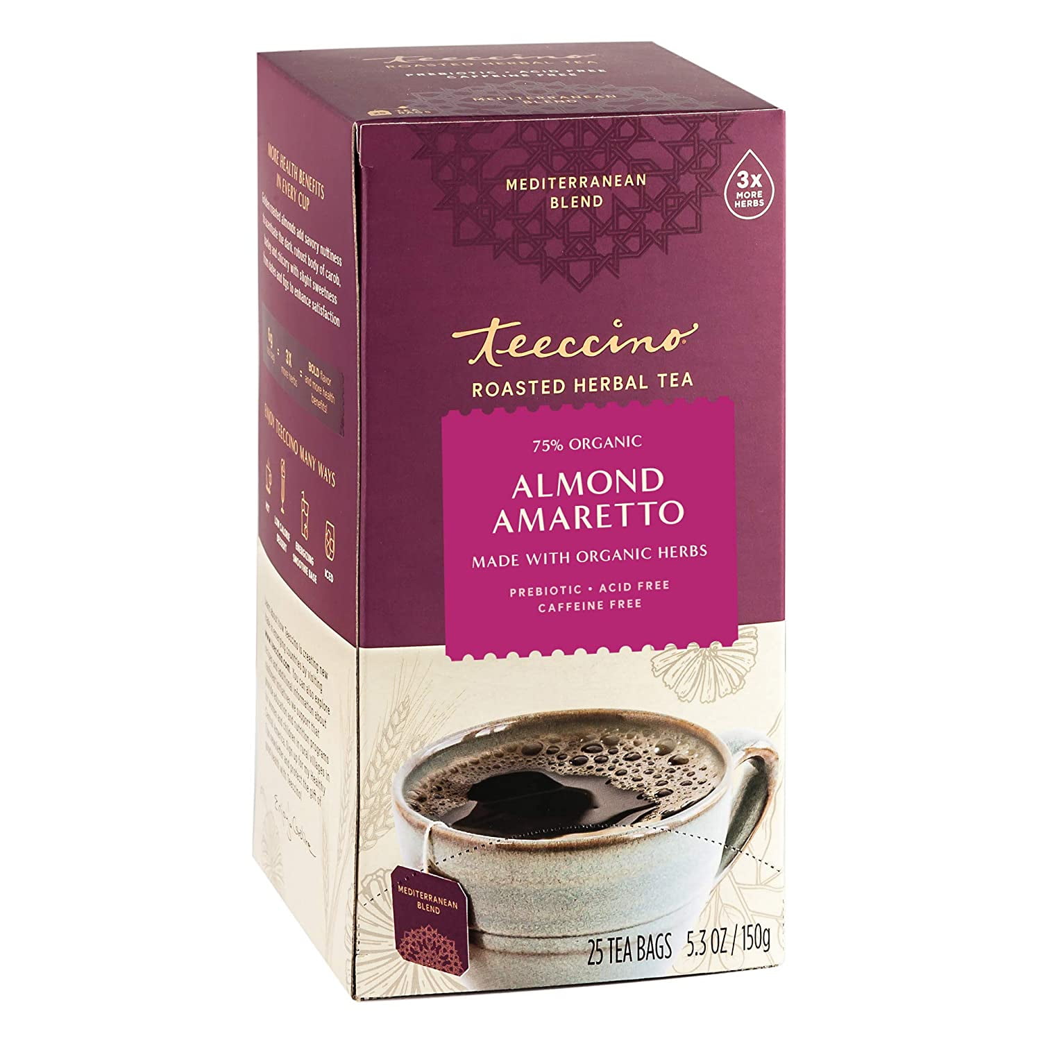 Teeccino Caffeine Free & Prebiotic Herbal Tea, Almond Amaretto, 25 Tea Bags