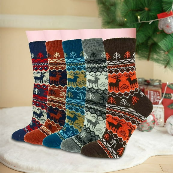 Christmas Socks Casual Wool 5 Pairs Mid Calf Socks Winter Warm Thick Knit Soft Comfortable Womens Crew Socks Pink