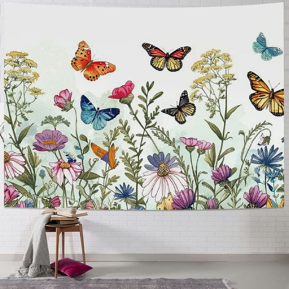 PRATYUS Leaf Butterfly Tapestry Wall Hanging, Sage Green Leaves and Flowers with Butterflies Wall Hanging Tapestry Spring Plant Tapestry for Bedroom Living Room Wall Decor Painting