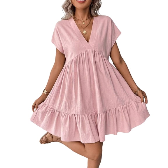 Xdegoge Women's Linen V Neck Ruffle Mini Dresses Short Sleeve Babydoll Tiered Flowy Dress Casual Summer Beach Vacation Loose Fit Cute Breathable Sundress