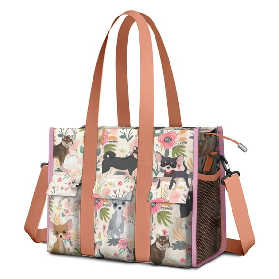 Teacher Tote Bag,Chihuahua and Pioneer Flower Teacher Utility Tote Bag,Large Work Tote Bags for Women with Multiple Pockets,Top Zipper Closure,13.8x10.6x6.7 Inch