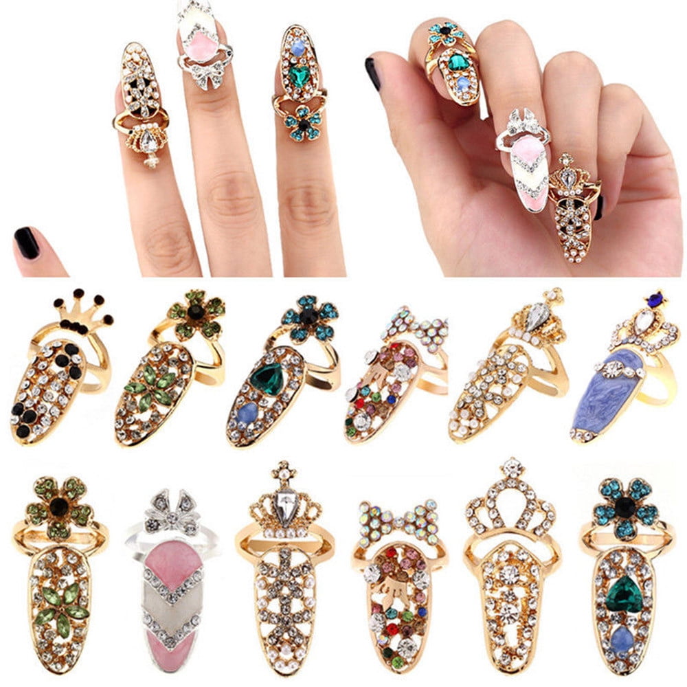 Women Fashion Bowknot Nail Ring Charm Crown Flower Crystal