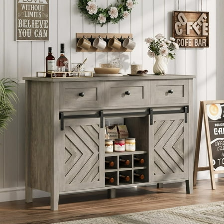 Buffet Cabinet with 2 Sliding Barn Doors and 3 Drawers Farmhouse Wood Coffee Bar Cabinet with Removable Wine Rack for Kitchen Living Room