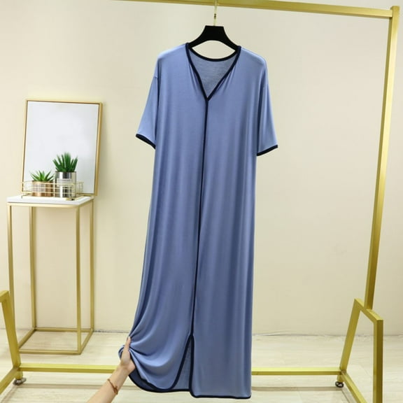 Fazvaoo Ladies Nightgowns Short Sleeve V-Neck Nightgowns Loose Comfortable Plain Pajama(Blue,Size M-L)