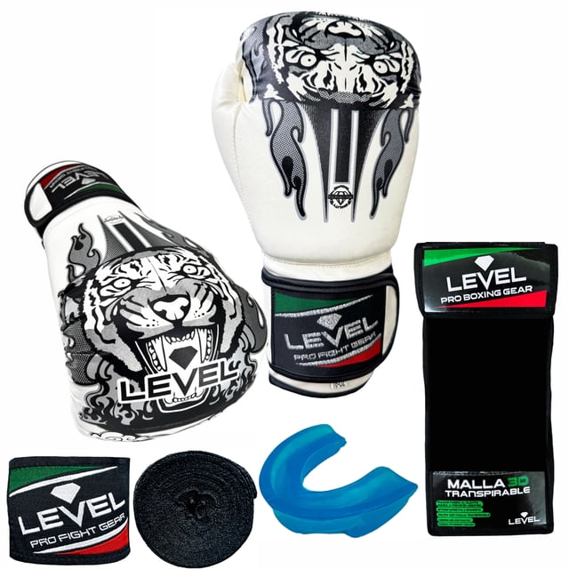 Guantes de Boxeo 14 Oz Onzas Level Kit con Vendas y Bucal Muay Thai Kick Boxing Mma Box con Malla Transpiracion Mod Tigre