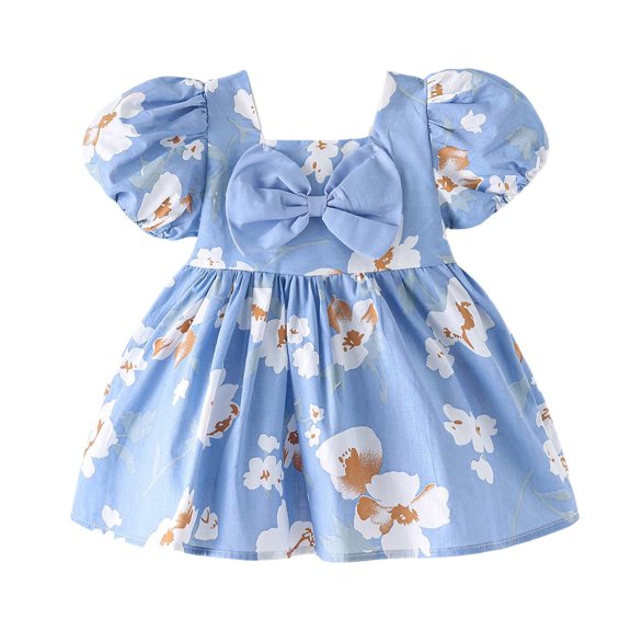 Rggeeun Baby Toddler Girls Print Princess Dress With Ruffled Hem Summer Casual Party Dresses Relaxed Fit O-Neck Sundress
