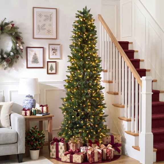 edx 4.5ft Pre-lit Pencil Christmas Tree, Green Artificial Spruce Slim Christmas Trees, With 120 LED Lights, 268 Branch Tips & Foldable Base, For Home, Office, Party Decoration