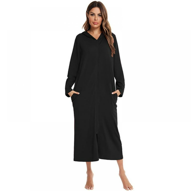 Womens Zip Up Robe Sweatshirt Robe Long Hooded Robe Floor Length