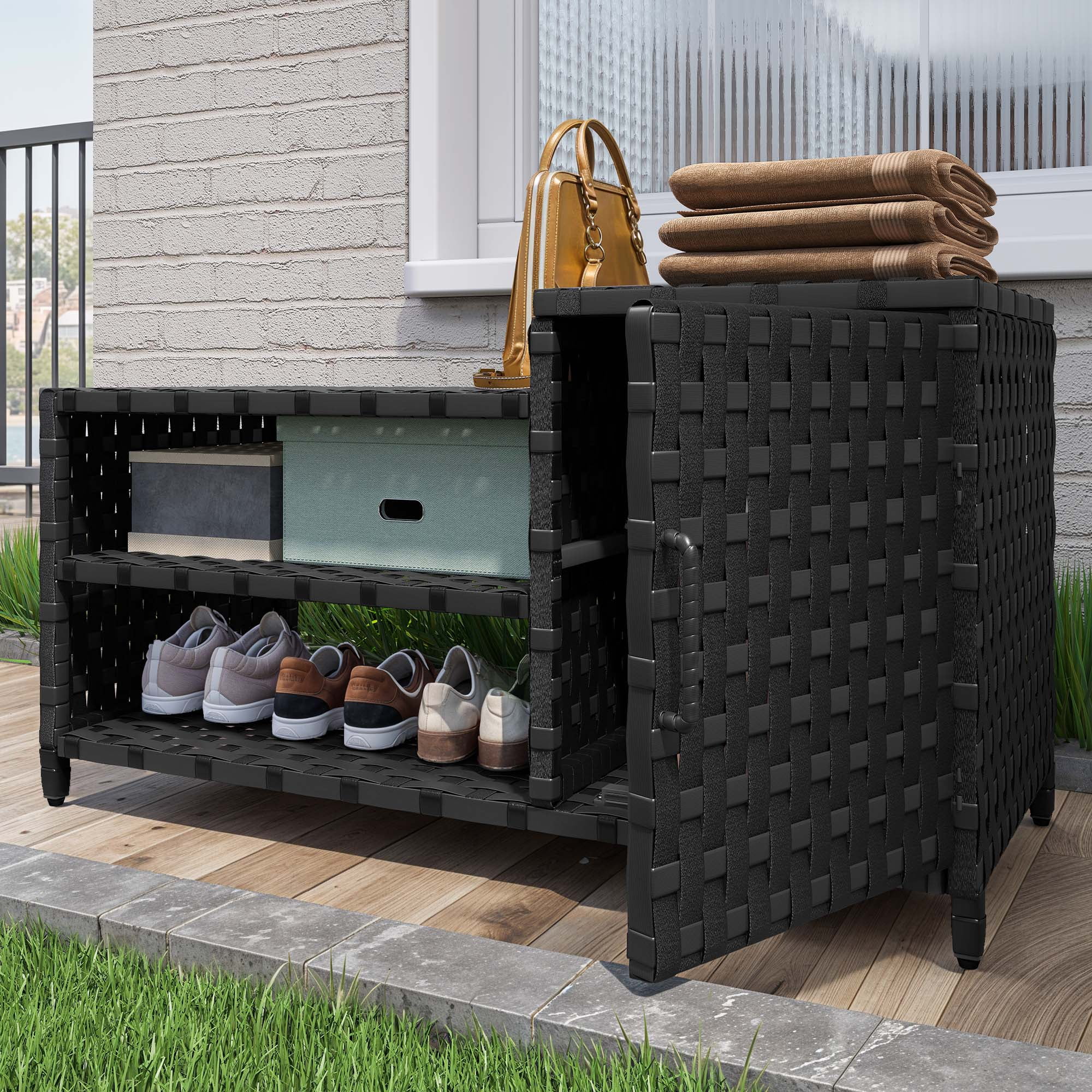 Uforic Woven Outdoor Pool Storage, Shoe Cabinet with Bench, Multi-Layer Storage - Durable PE Rattan Storage for Garden, Poolside, or Patio (Black)