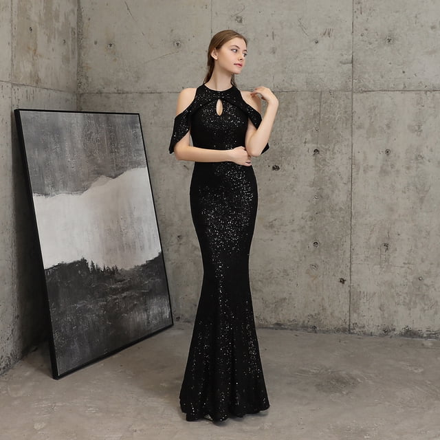 Elegante vestido de noche de cola de pez de reina con lentejuelas y mangas cortas largas para banquete