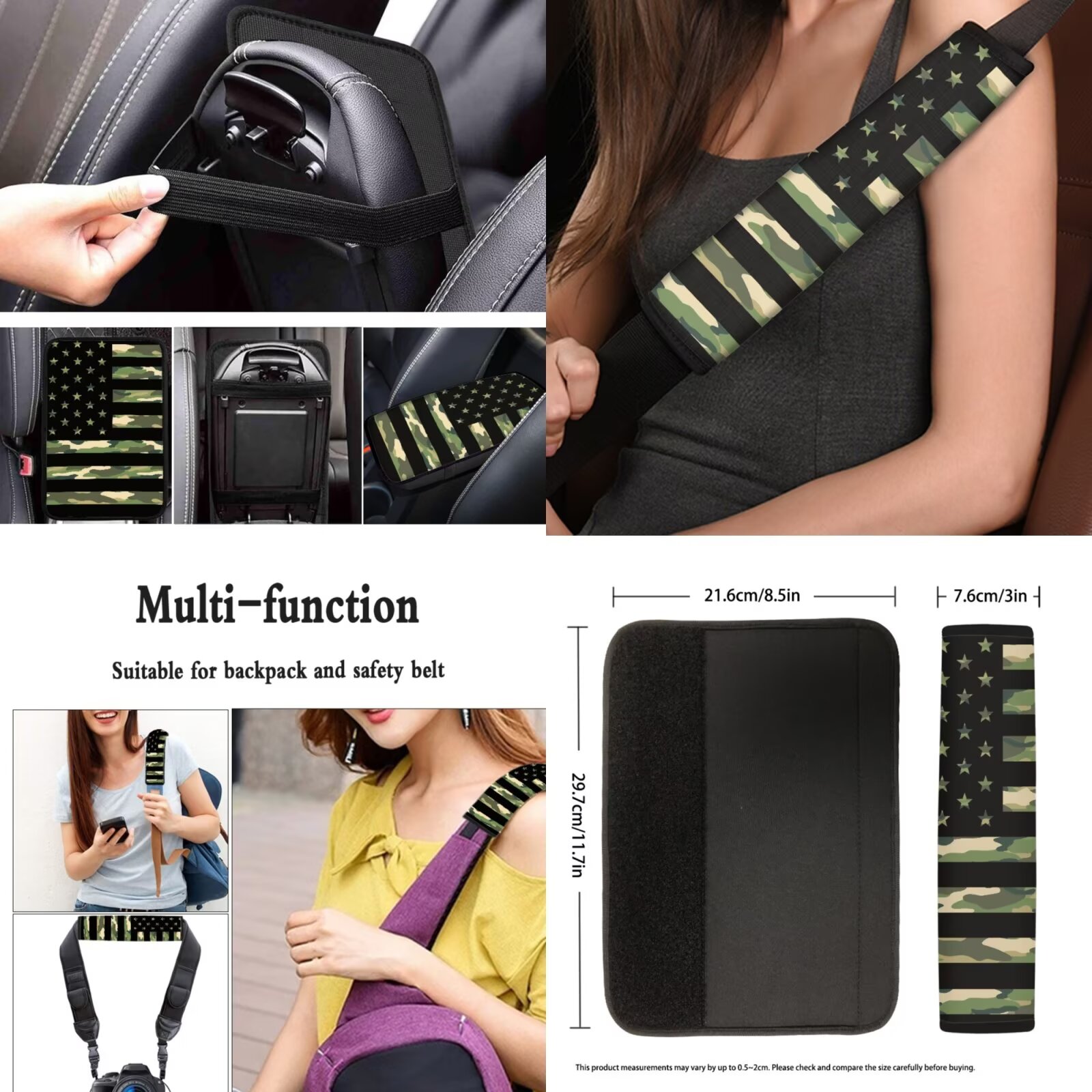 Garronmavis Camouflage American Flag Car Front Rear Bench Seat Protector Covers 13 Pieces Set, Seatbelt Pads, Armrest Pad,Steering Wheel Cover, Auto Coasters, Keychain, Key Ring Chapstick Holder