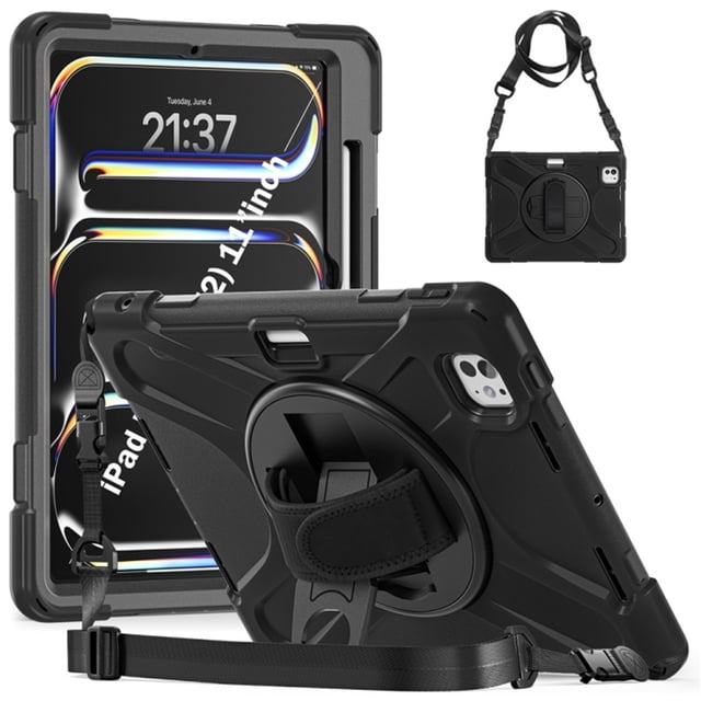 Funda para iPad Pro 11 2025 / 2024, Silicona Anti-caída + Capa Protectora de PC con Asa, Correa para el Hombro, Funda Protectora Resistente a Golpes y Tres Pruebas para Tablet, Negro
