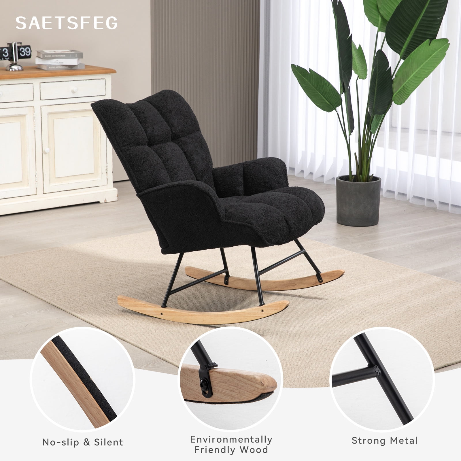 SAETSFEG Nursery Rocking Chair Teddy, High Backrest, Comfortable Stylish for Living Rooms, Bedrooms
