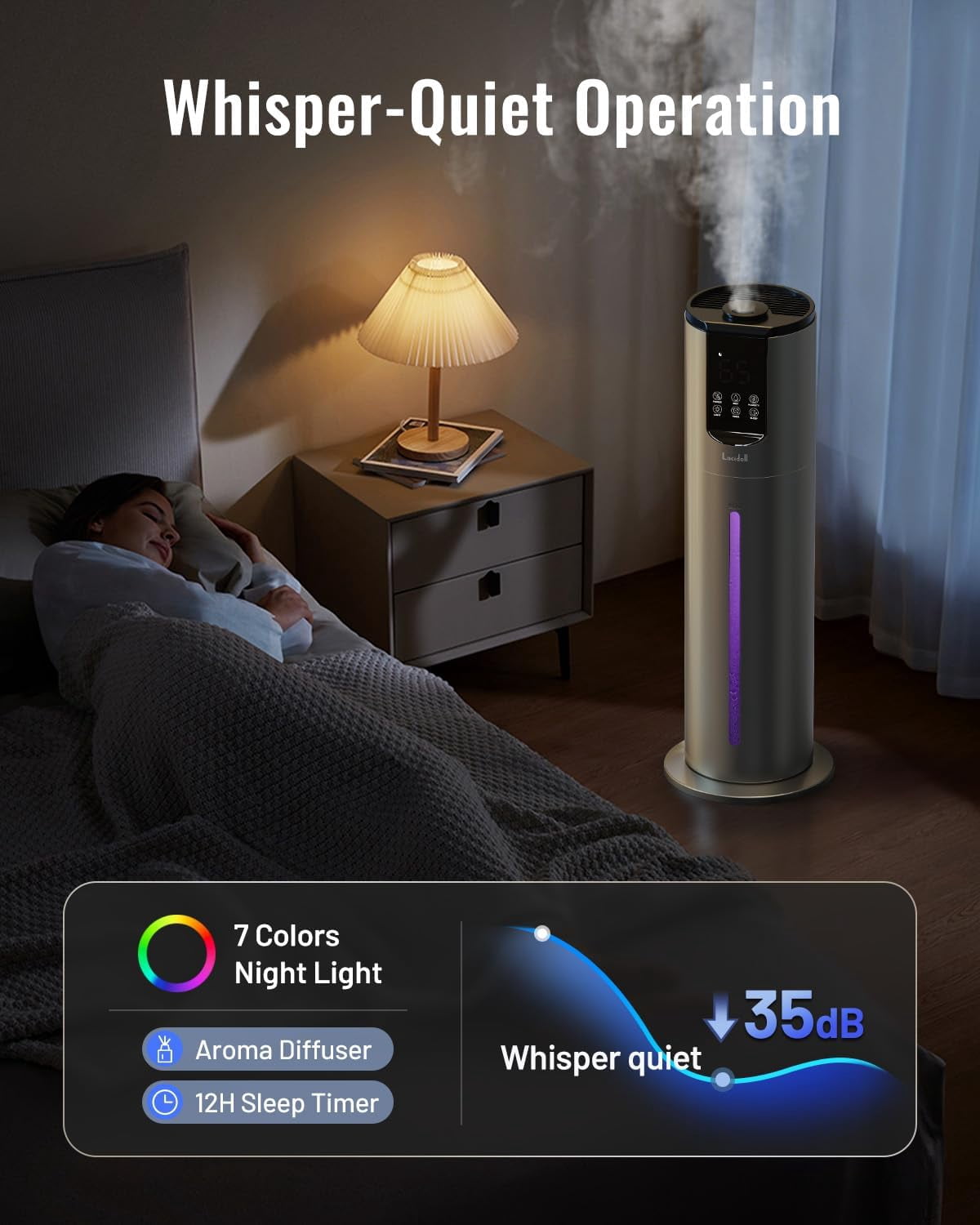 8L Ultrasonic Cool Mist Humidifier for Bedroom Large Room, Easy Clean Washable Parts, Grey