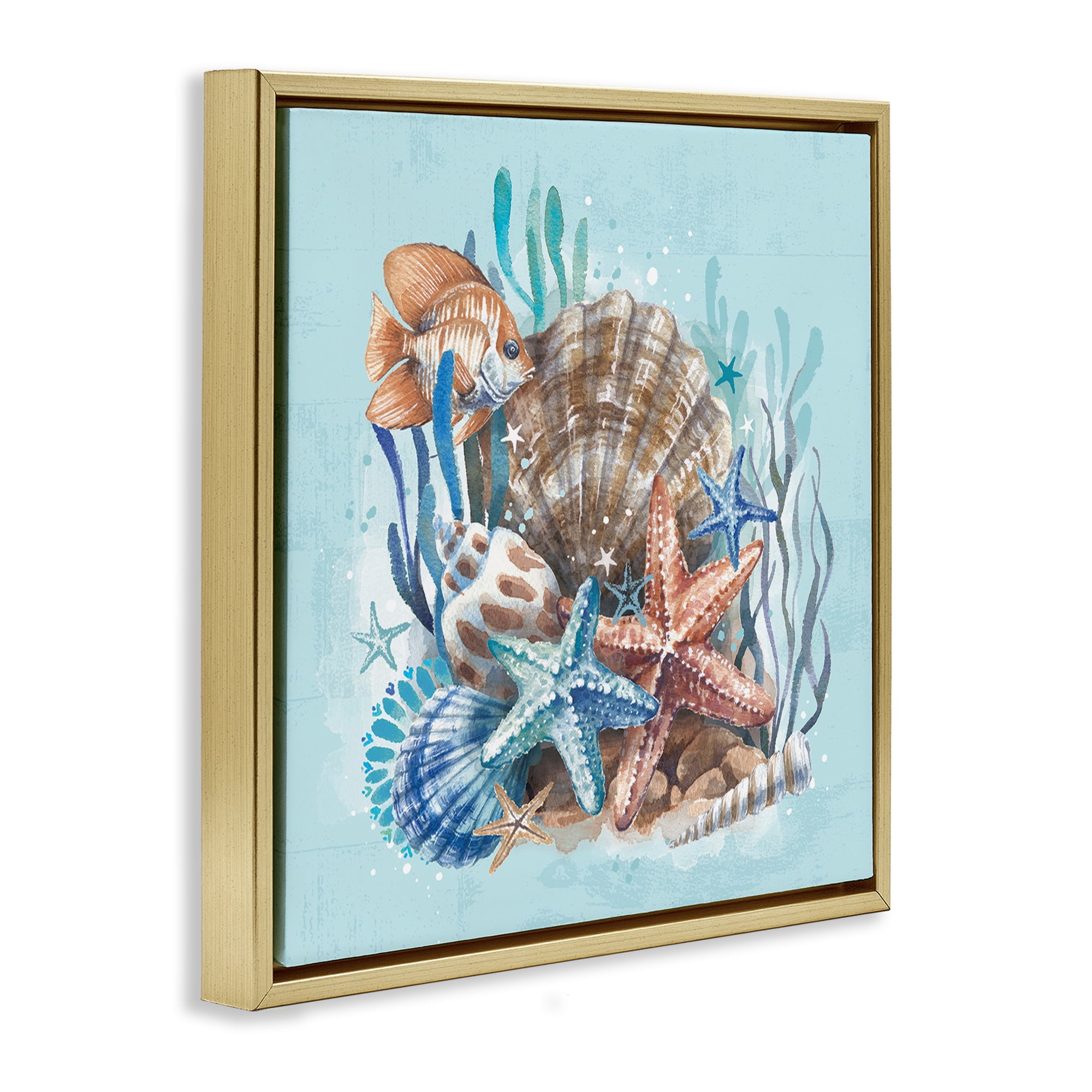 Stupell Industries Seashell Still Life Coastal Painting Gold Floater Framed Canvas Art Print Wall Art, 25 x 25