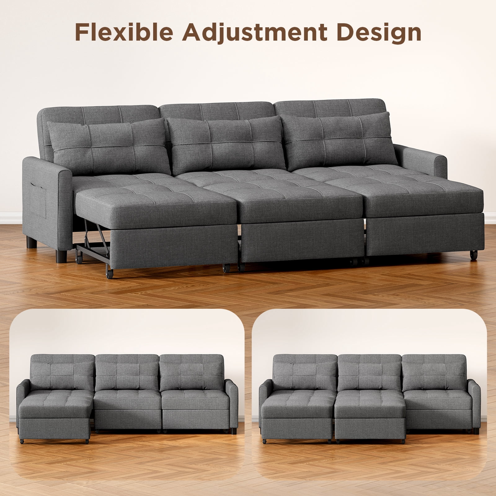 Asofer 3-in-1 Convertible Sleeper Sofa Bed, Adjustable Futon Couch Recliner with Metal Frame for Living Room, Home & Office - Dark Gray