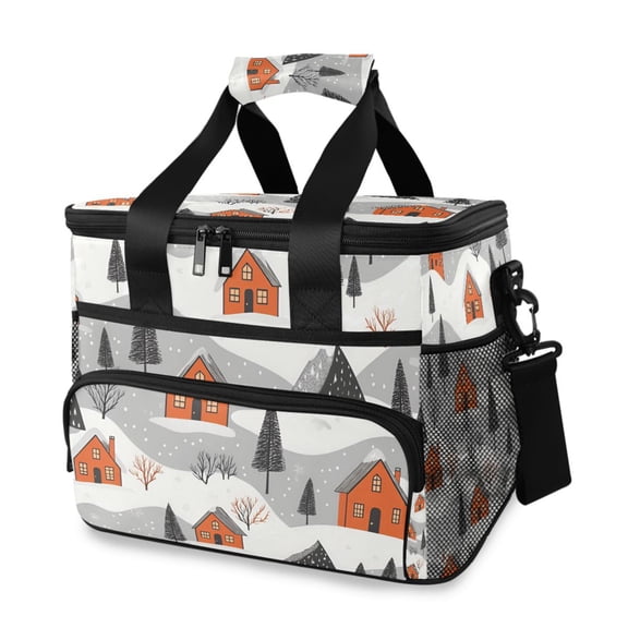 FORMRS Insulated Cooler Bag 24 Cans Capacity Soft Leakproof Lunch Box with Side Pockets, Orange Cartoon Houses