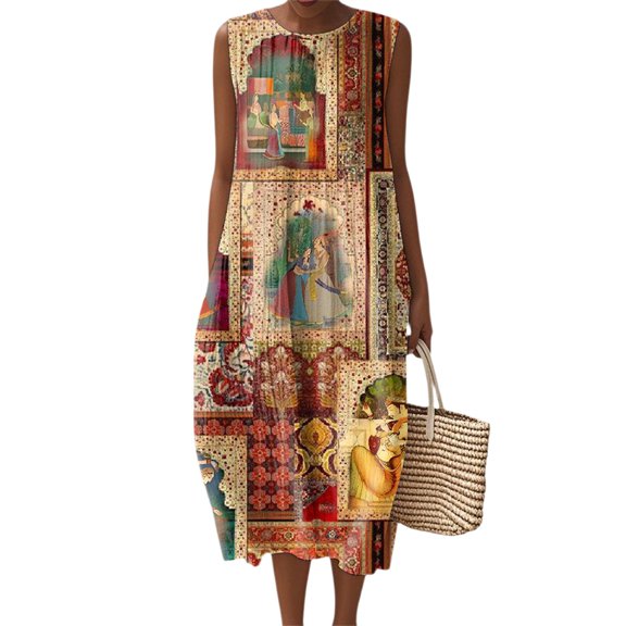 Women's Fashion 2025 Summer Casual Sleeveless Round Neck Retro Bohemian Floral Printed Elegant Temperament Dress